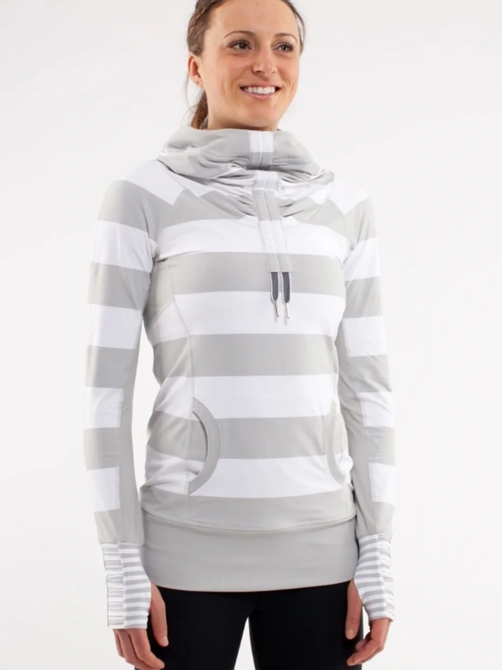Lululemon Athletica Run Stay On Course Grey White Stripped Pullover Hoodie Sz 4